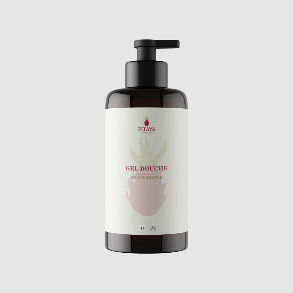 Mockup packaging gel douche Pitaya Cosmetics identité visuelle cosmétique